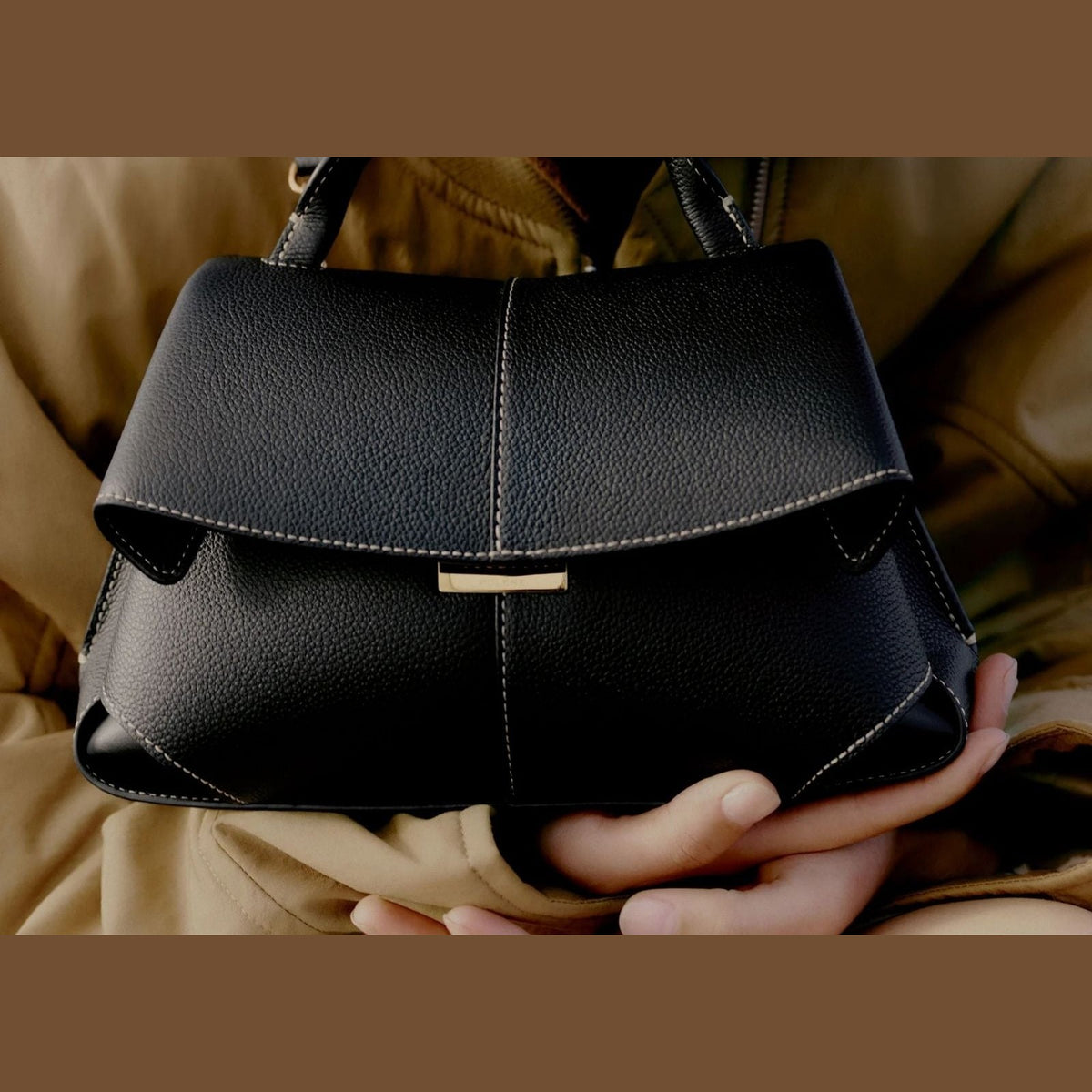 Polène Mokki Mini Edition Textured Black with Ecru Stitching