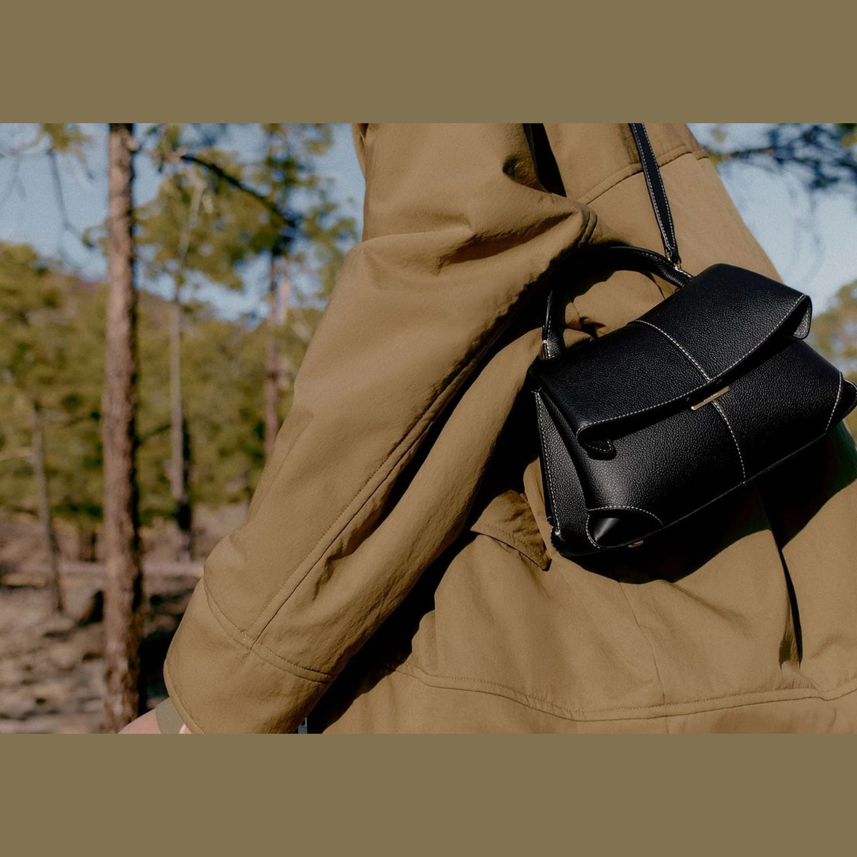 Polène Mokki Mini Edition Textured Black with Ecru Stitching
