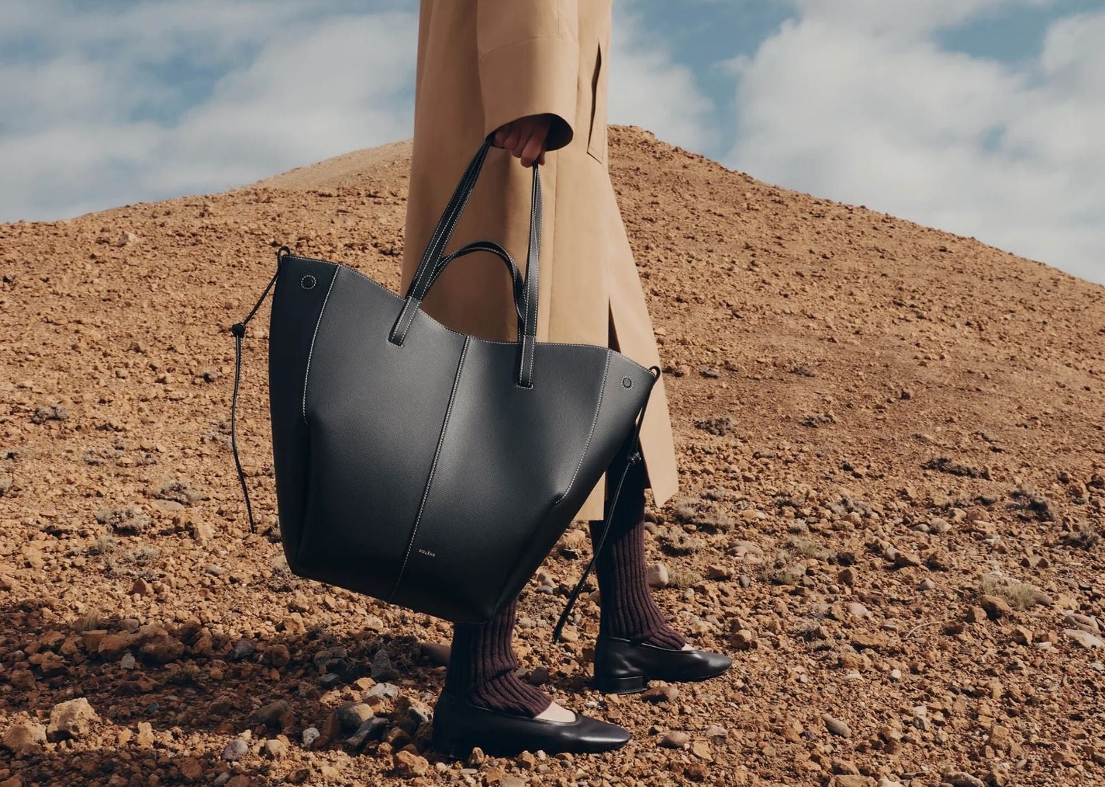 Polène Cyme Tote Edition Textured Black with Ecru Stitching