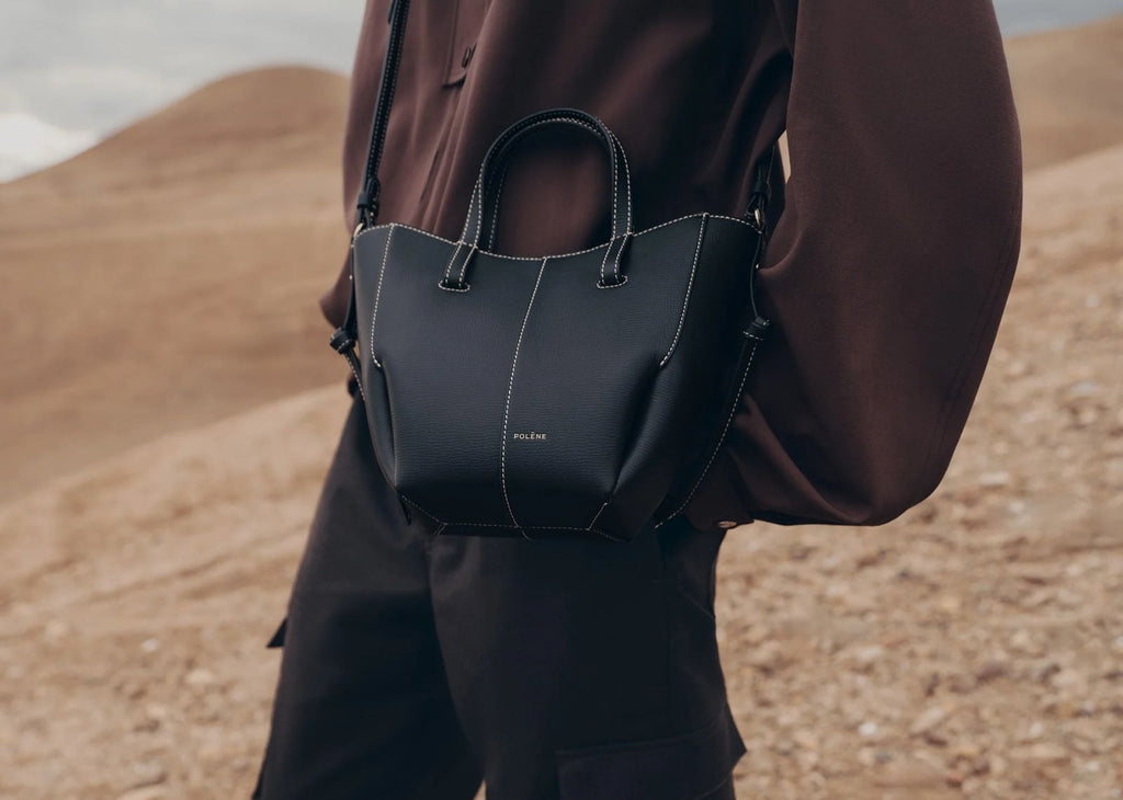 Polène Cyme Tote Nano Edition Textured Black with Ecru Stitching