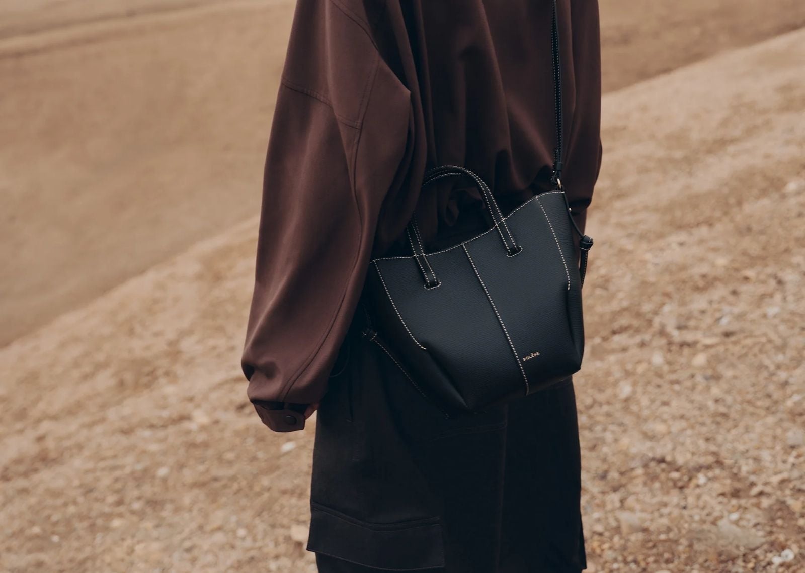 Polène Cyme Tote Nano Edition Textured Black with Ecru Stitching