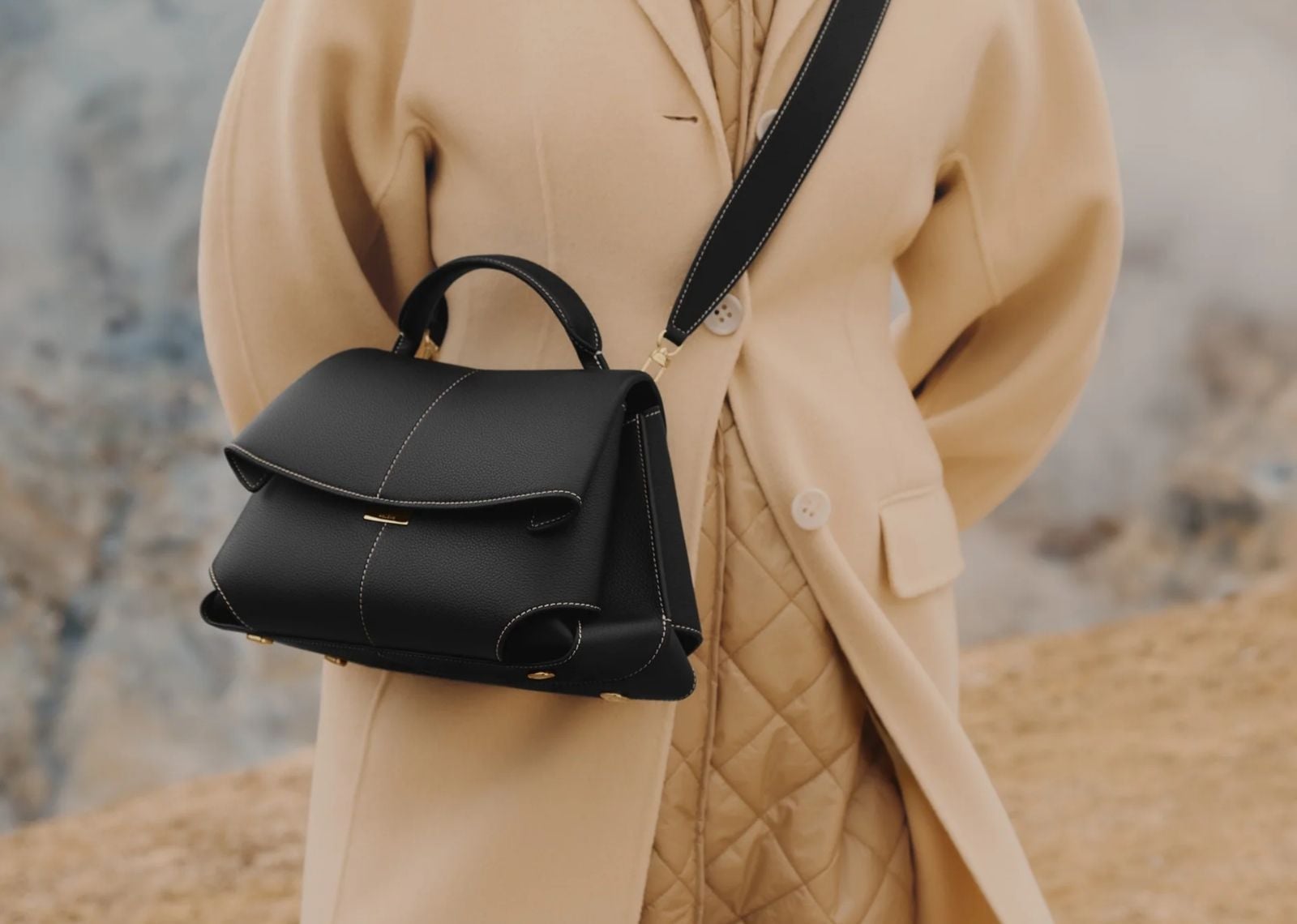 Polène Mokki Edition Textured Black with Ecru Stitching