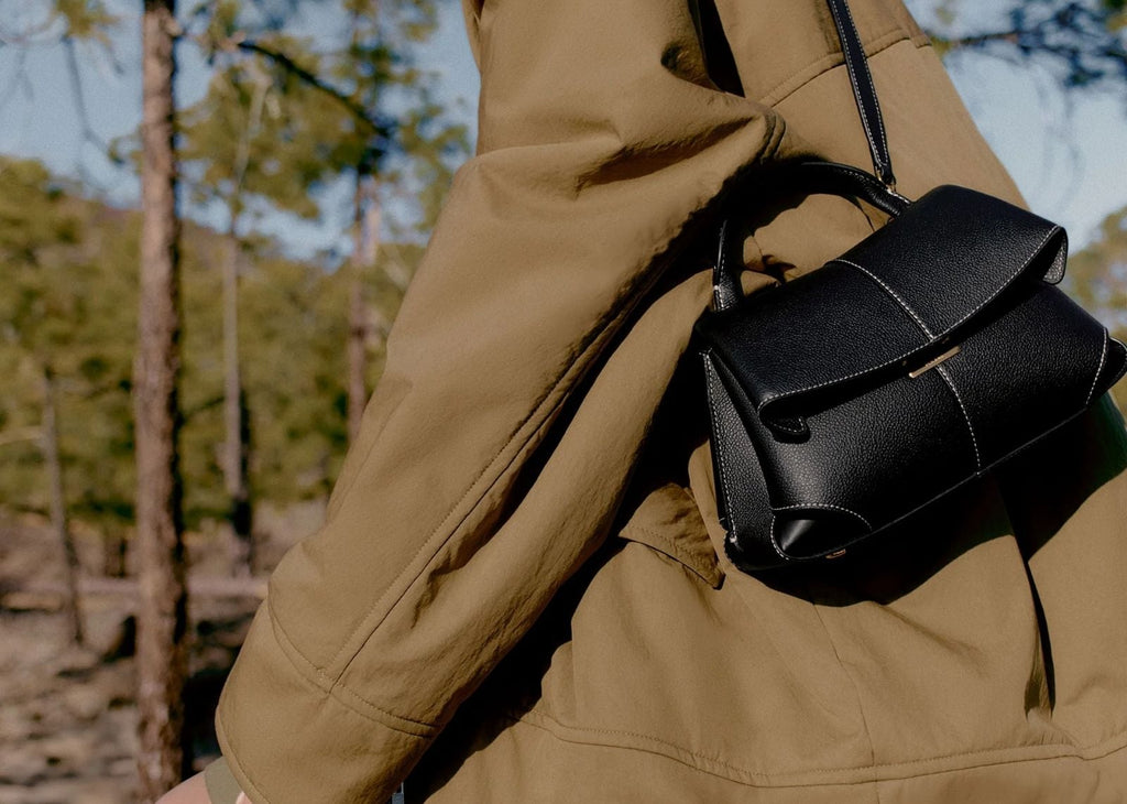 Polène Mokki Mini Edition Textured Black with Ecru Stitching