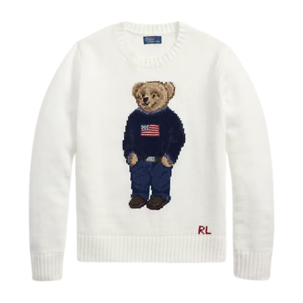 Polo Ralph Lauren Polo Bear Linen Cotton Crewneck Jumper Deckwash White Multi