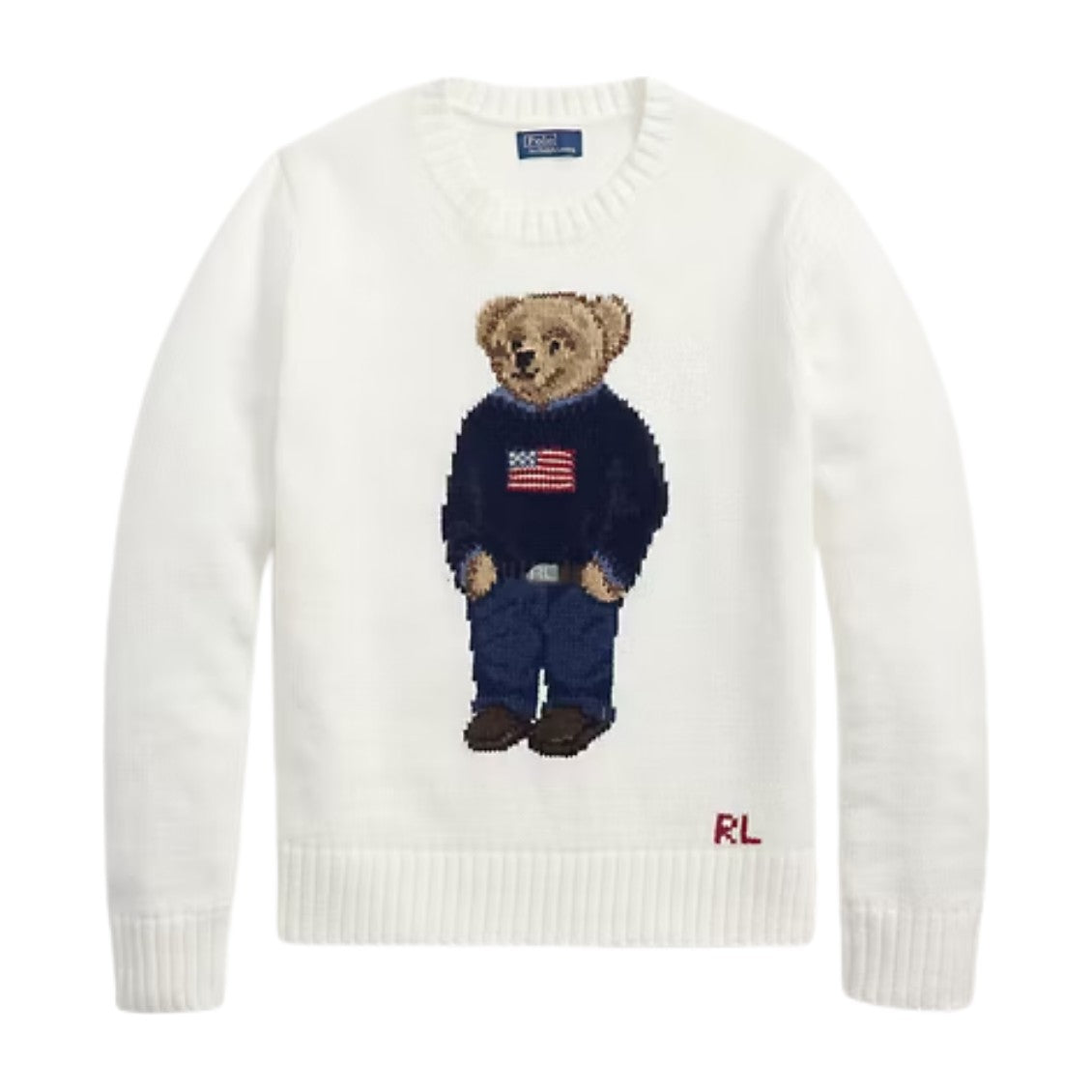 Polo Ralph Lauren Polo Bear Linen Cotton Crewneck Jumper Deckwash White Multi