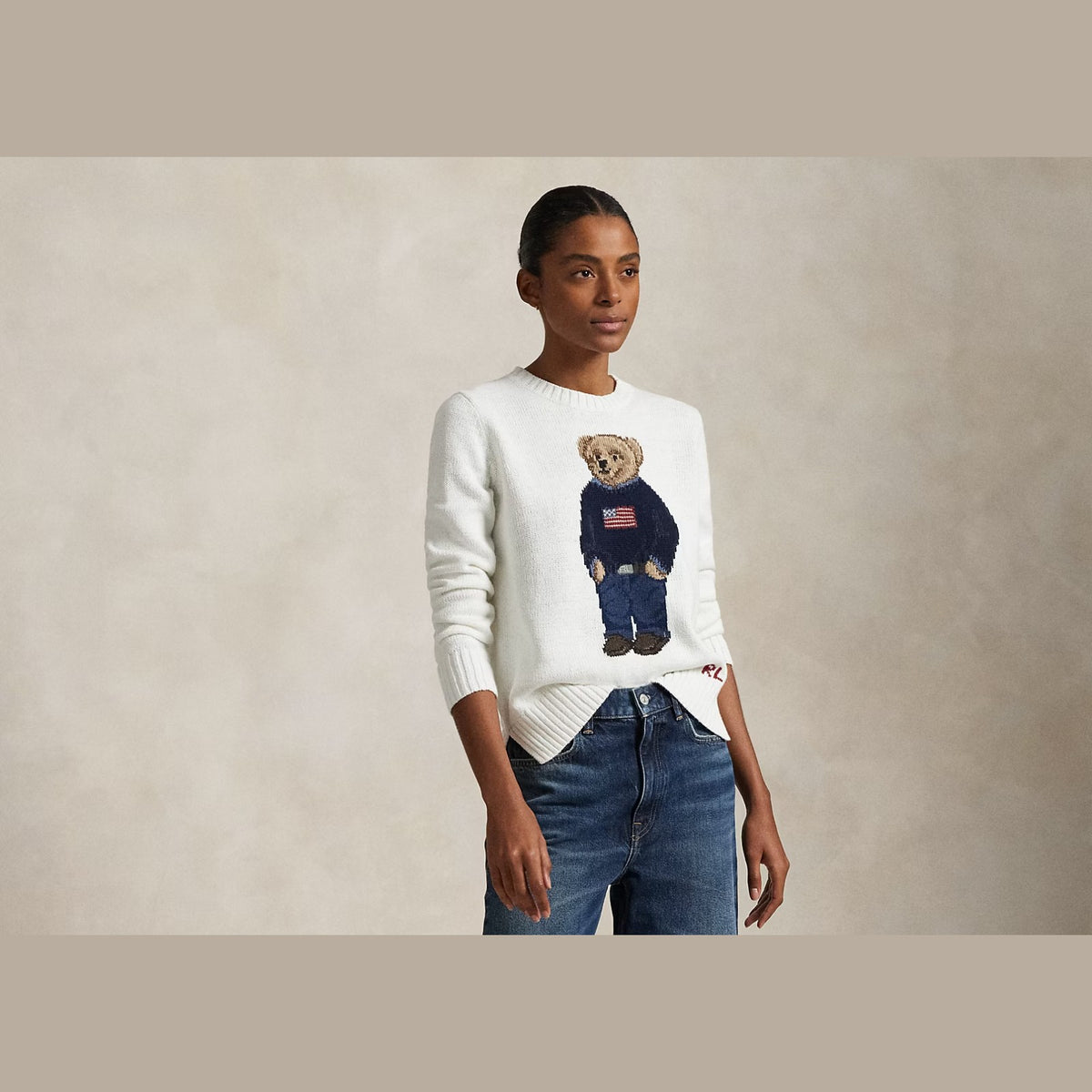 Polo Ralph Lauren Polo Bear Linen Cotton Crewneck Jumper Deckwash White Multi