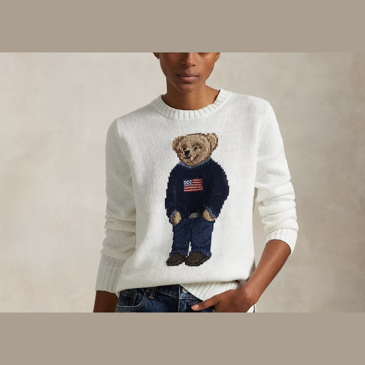 Polo Ralph Lauren Polo Bear Linen Cotton Crewneck Jumper Deckwash White Multi
