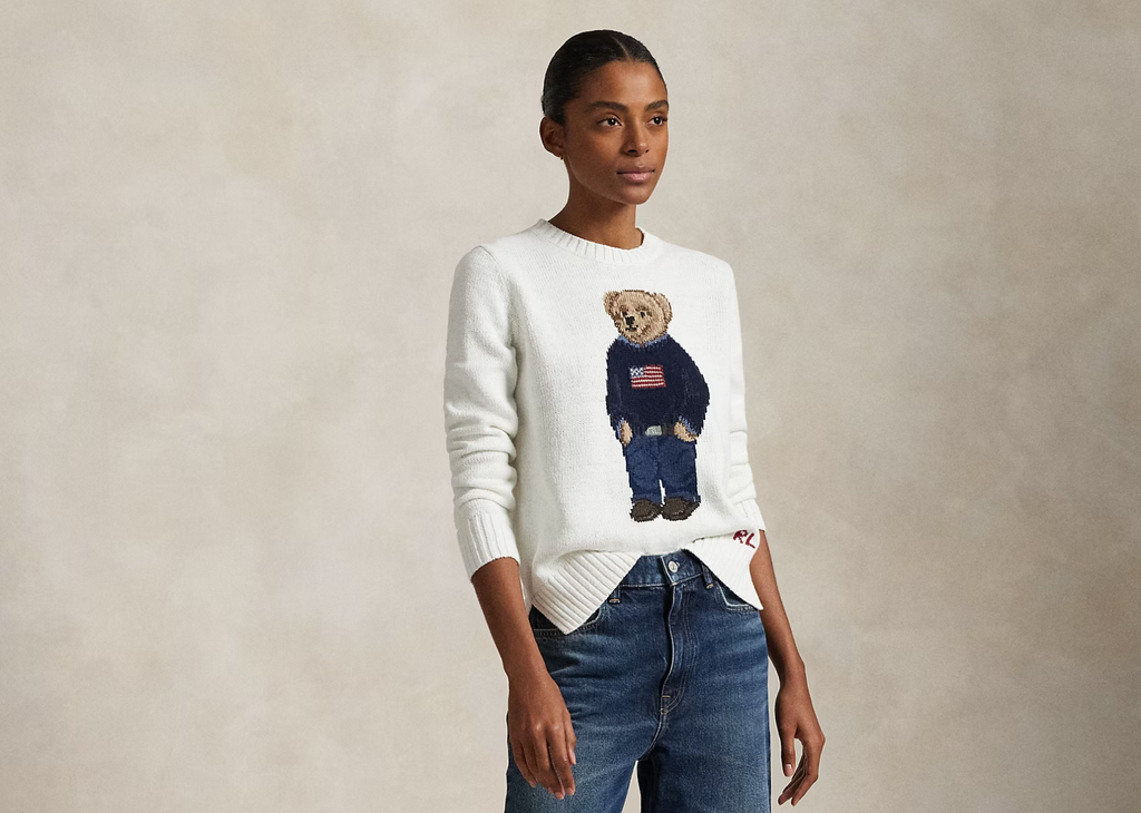 Polo Ralph Lauren Polo Bear Linen Cotton Crewneck Jumper Deckwash White Multi