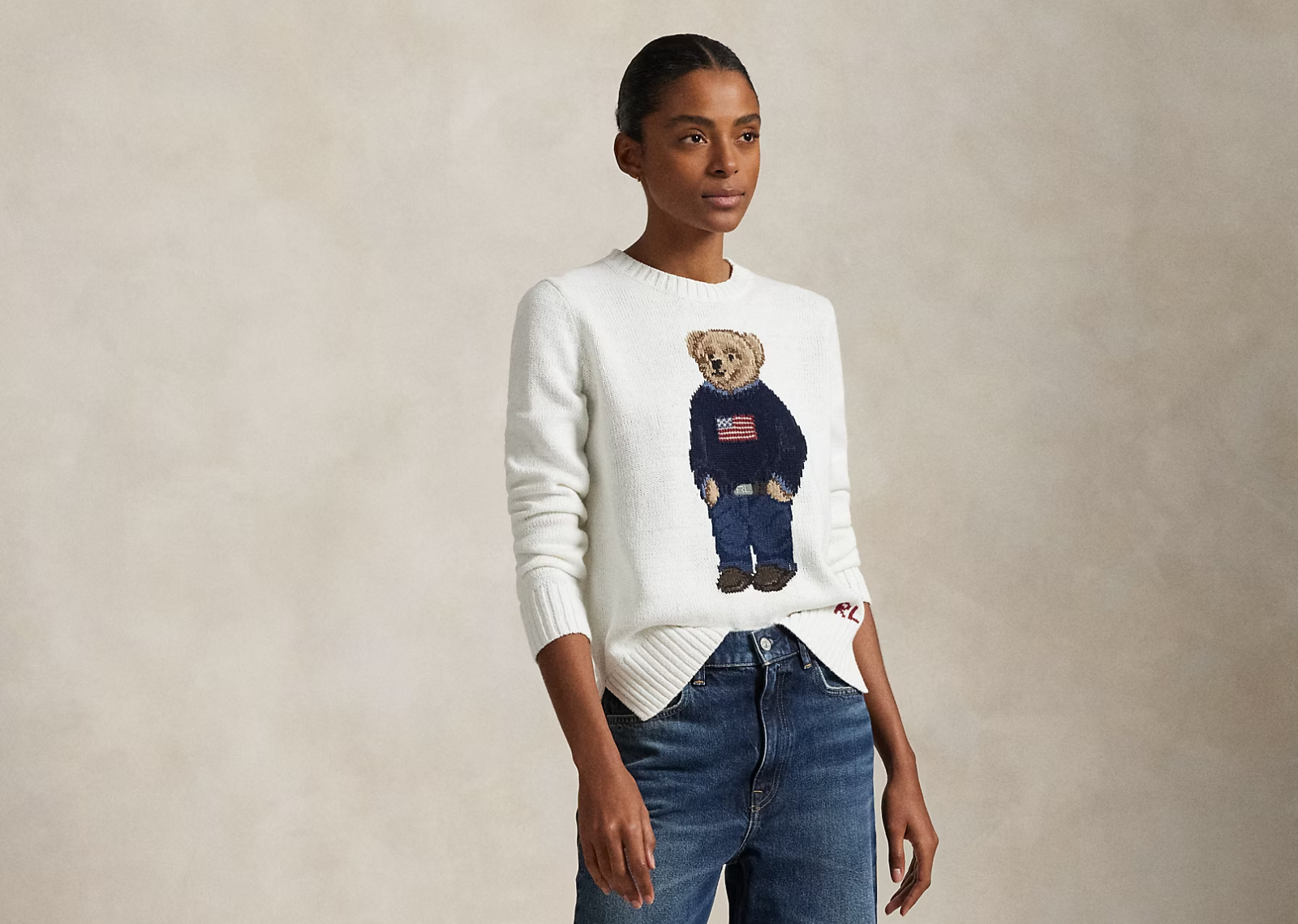 Polo Ralph Lauren Polo Bear Linen Cotton Crewneck Jumper Deckwash White Multi