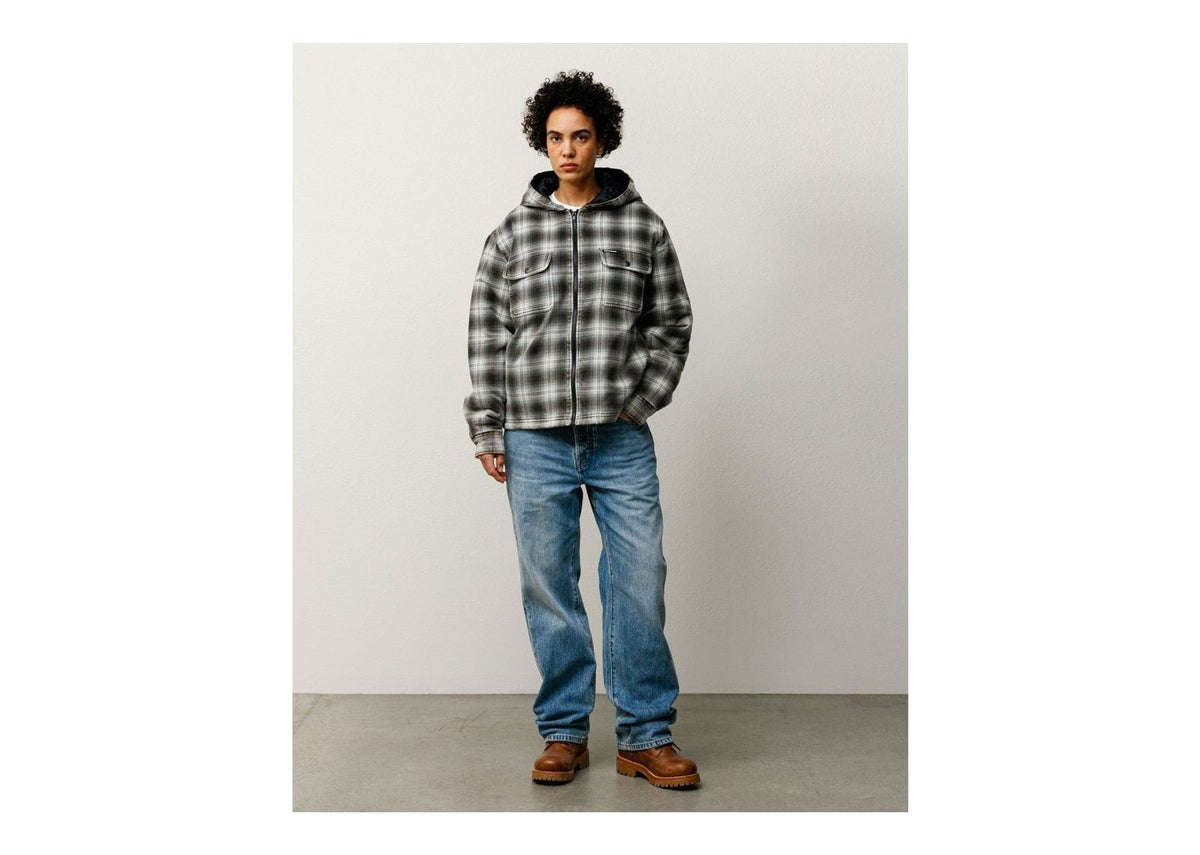 Stussy Zip Hooded Plaid Shirt Charcoal