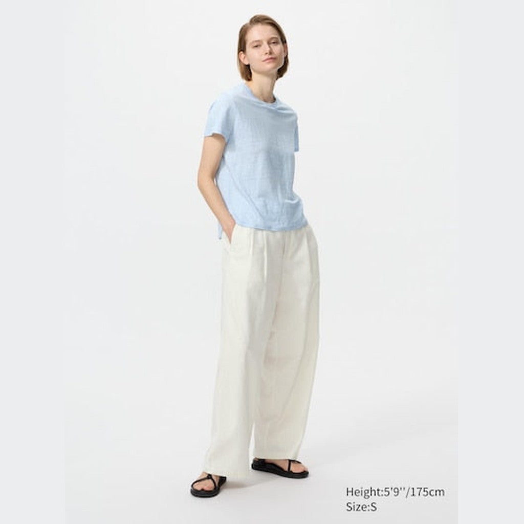 UNIQLO 100% Linen Crew Neck T-Shirt - 68 BLUE
