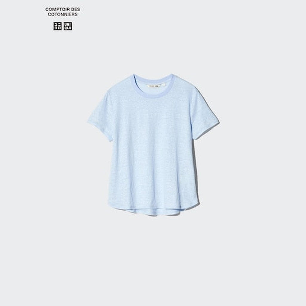 UNIQLO 100% Linen Crew Neck T-Shirt - 68 BLUE