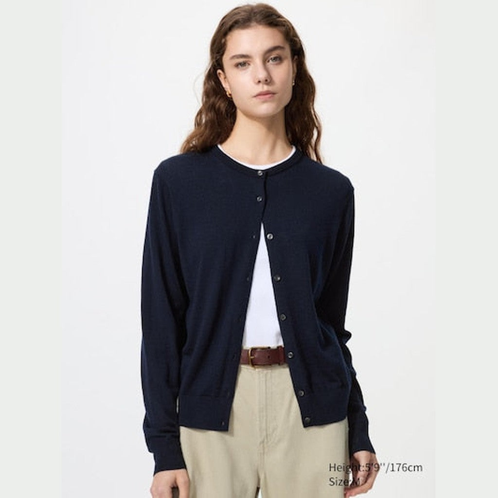 UNIQLO 100% Merino Crew Neck Cardigan - 69 NAVY