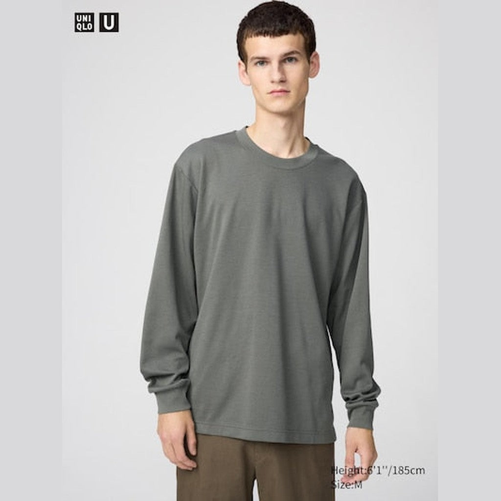 UNIQLO AIRism Cotton Crew Neck T-Shirt (Long Sleeve) - 58 DARK GREEN