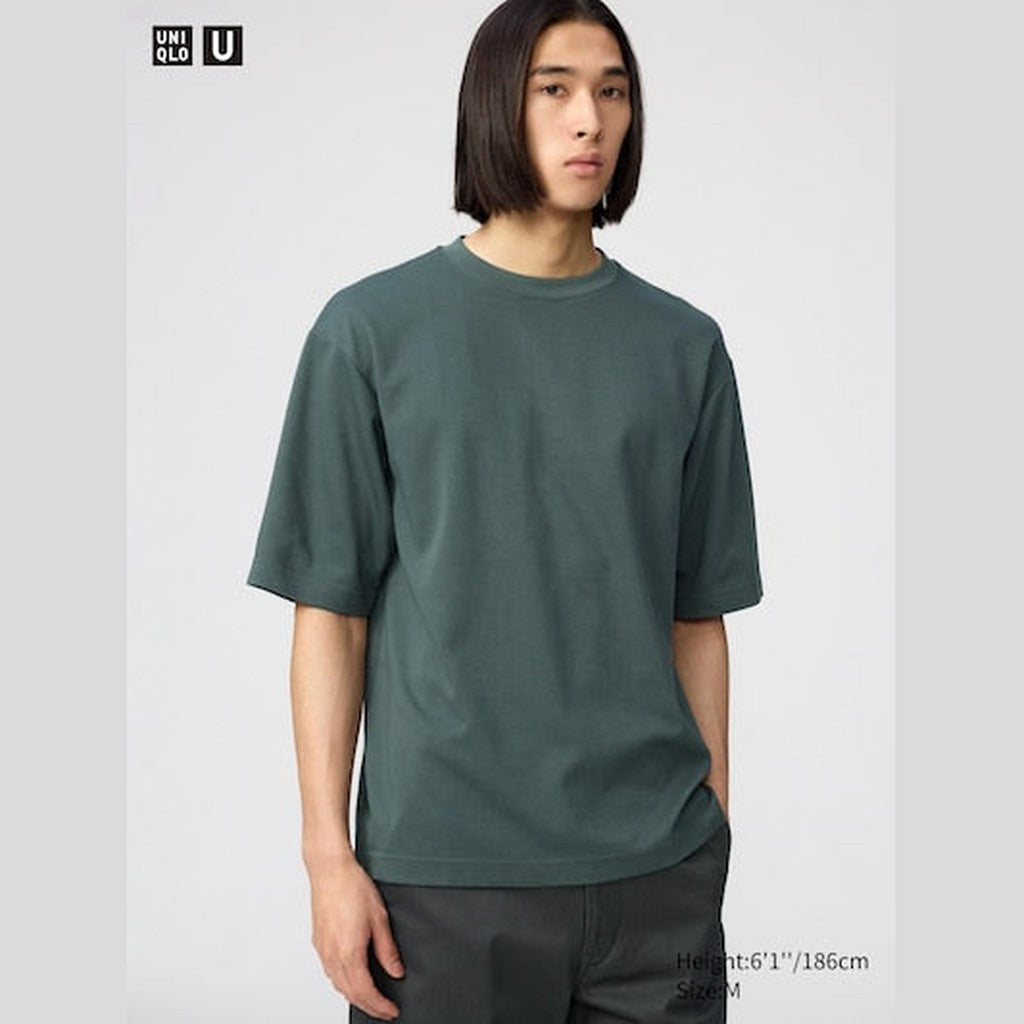 UNIQLO AIRism Cotton Oversized Crew Neck T-Shirt - 58 DARK GREEN