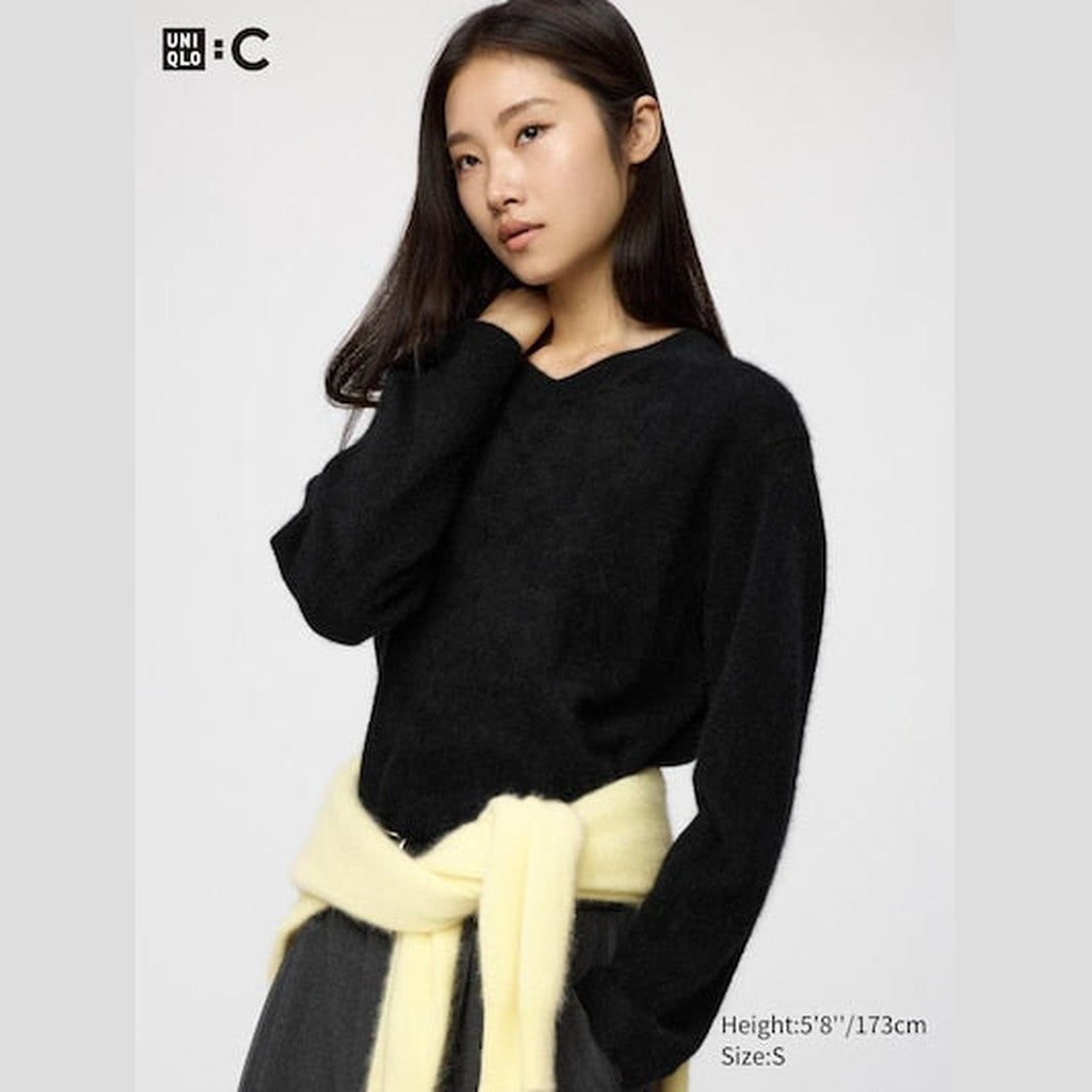 UNIQLO Fluffy 100% Cashmere Relaxed V Neck Jumper - 09 BLACK