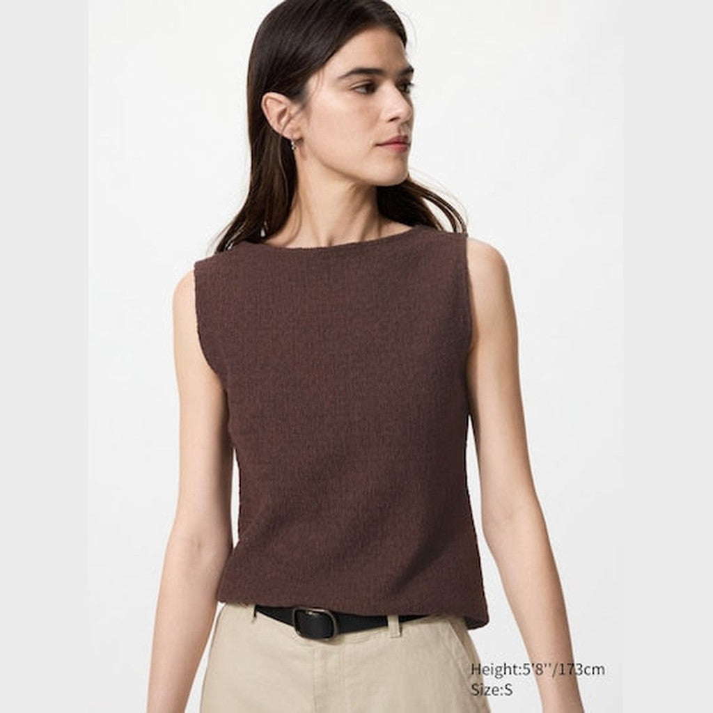 UNIQLO Shirring Boat Neck T-Shirt (Sleeveless) - 37 BROWN