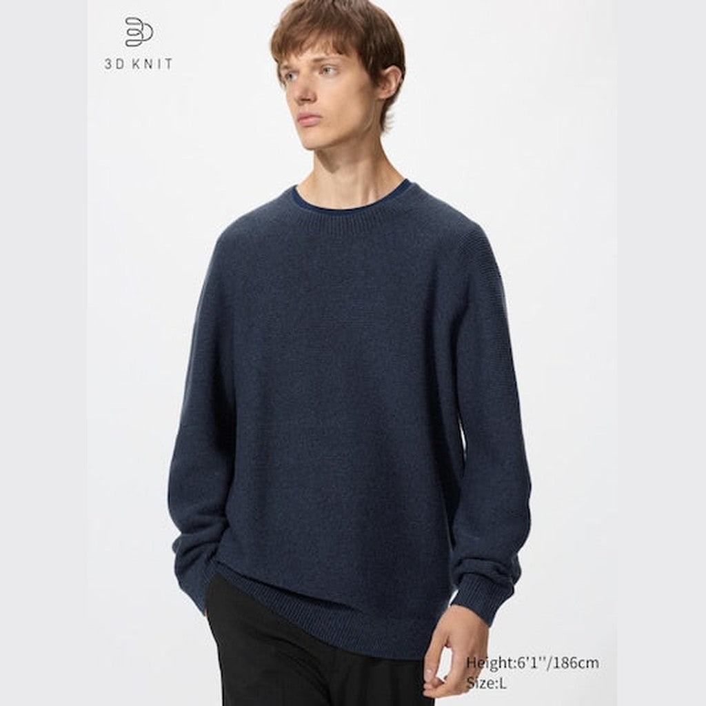 UNIQLO Unisex Washable 3D Knit Seamless Crew Neck Jumper - 69 NAVY