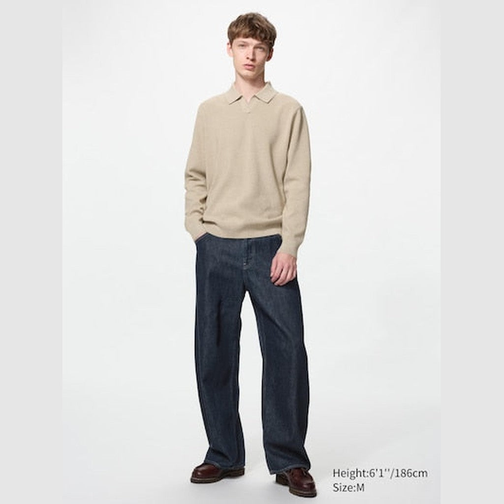 UNIQLO Washable Milano Ribbed Skipper Polo Jumper - 07 GREY