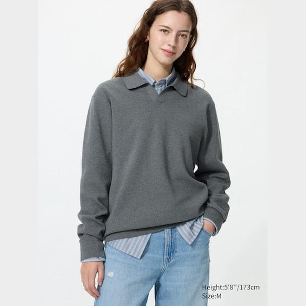 UNIQLO Washable Milano Ribbed Skipper Polo Jumper - 07 GREY