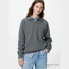 UNIQLO Washable Milano Ribbed Skipper Polo Jumper - 07 GREY