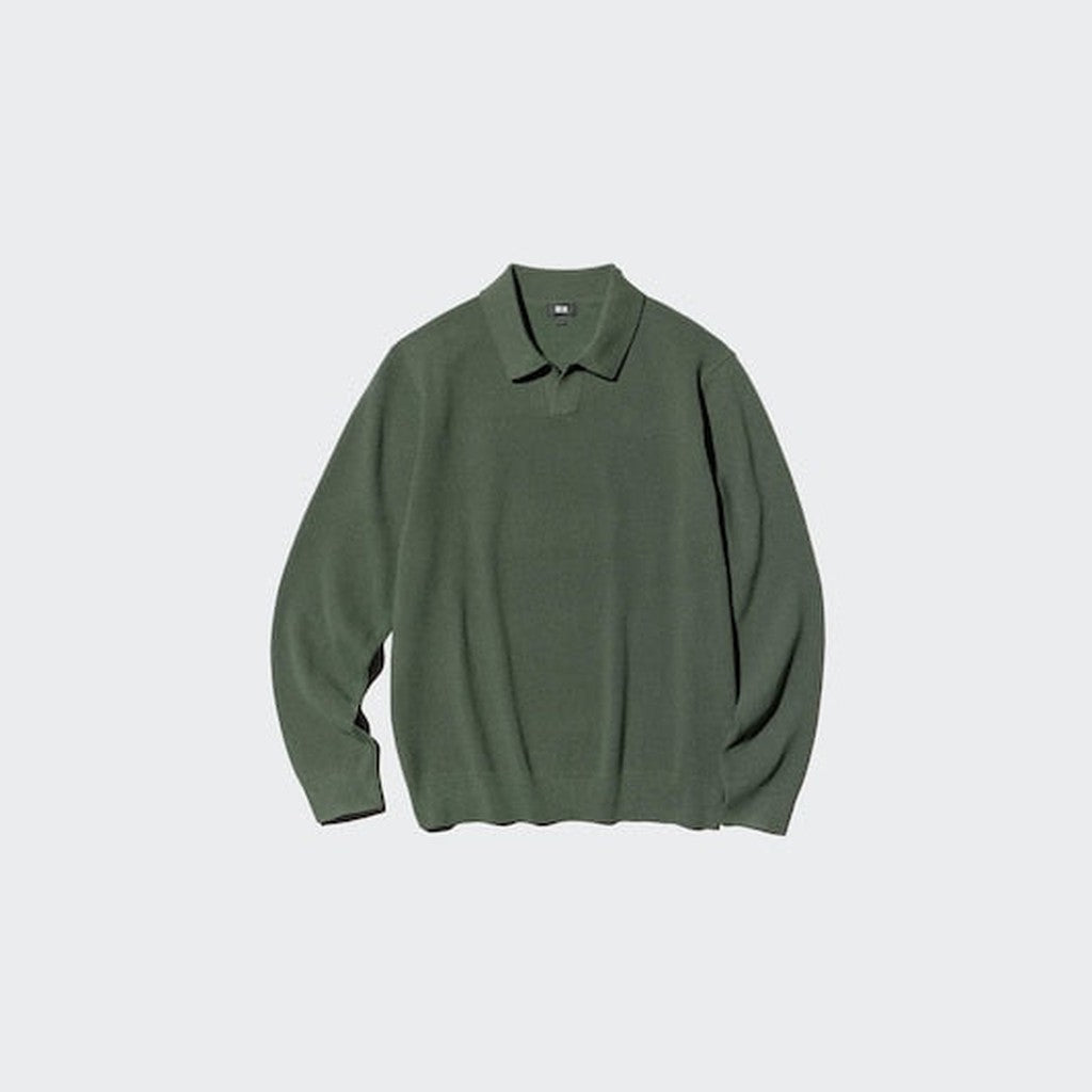 UNIQLO Washable Milano Ribbed Skipper Polo Jumper - 07 GREY