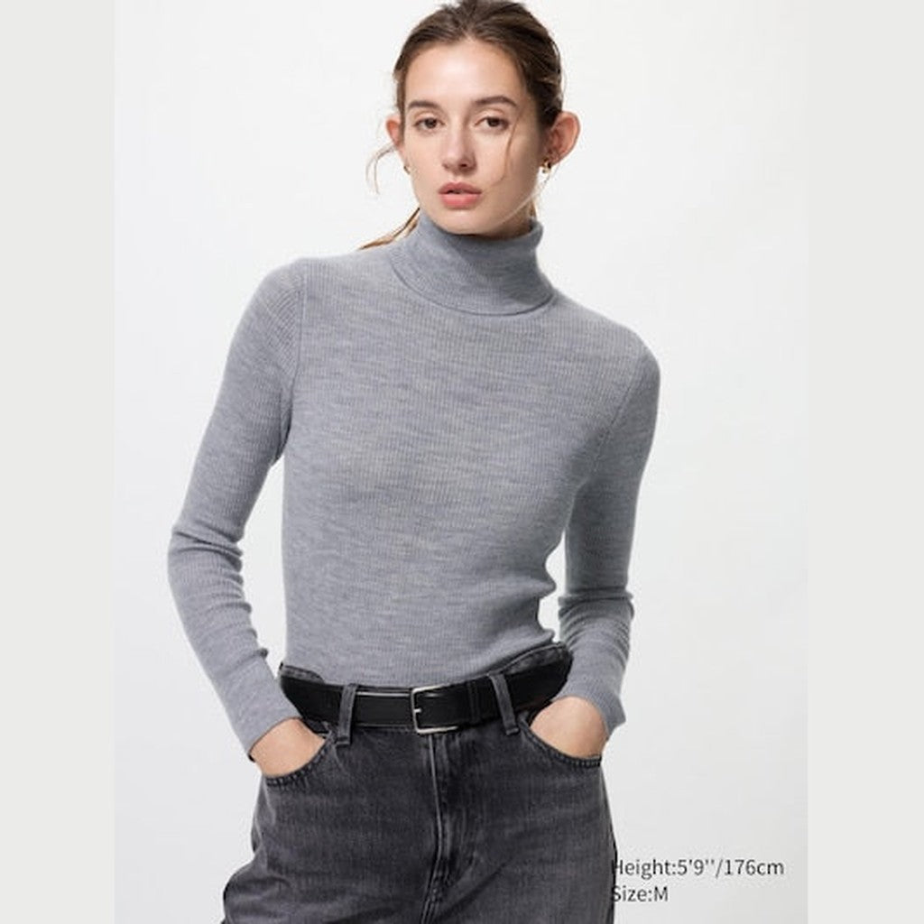 UNIQLO Women's 100% Merino Ribbed Turtleneck Jumper - 03 GREY