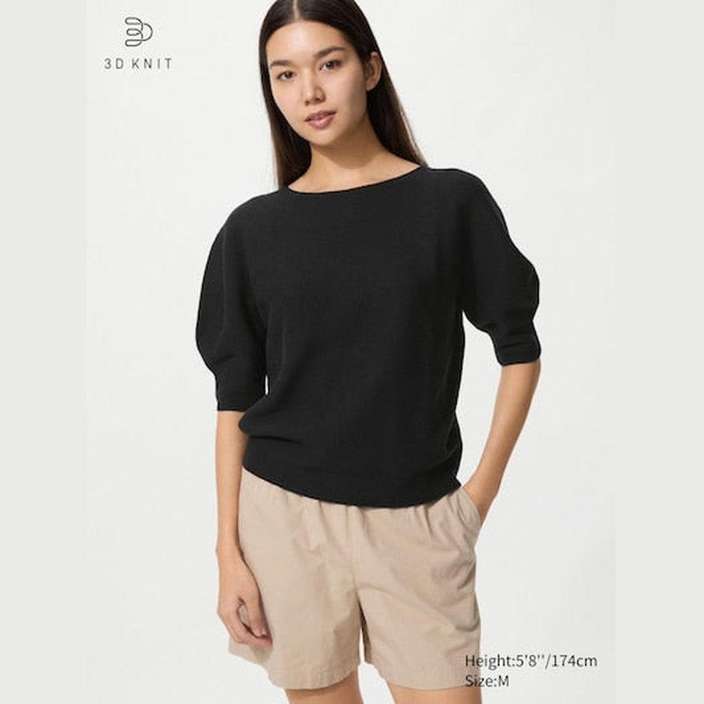 UNIQLO Women's 3D Knit Seamless Cotton Crew Neck Jumper (Short Sleeve) - 09 BLACK