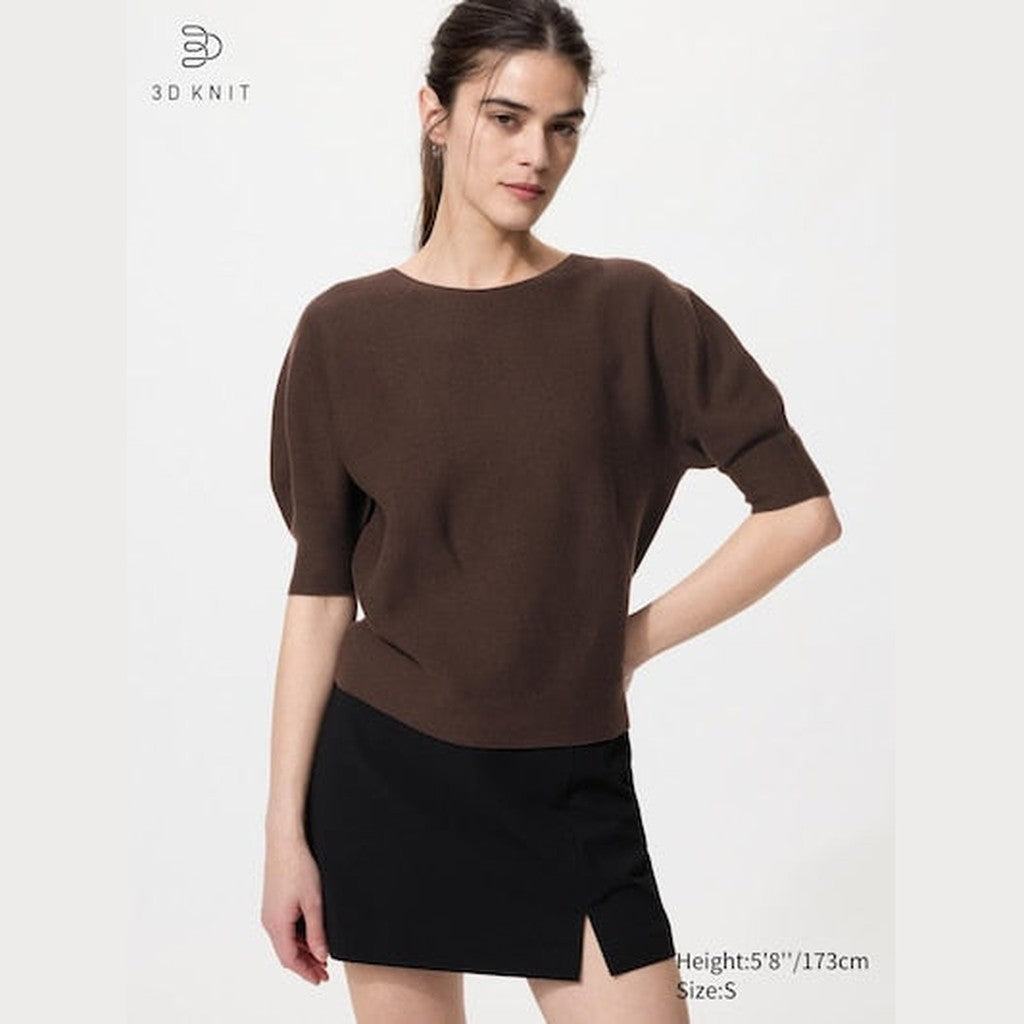 UNIQLO Women's 3D Knit Seamless Cotton Crew Neck Jumper (Short Sleeve) - 38 DARK BROWN
