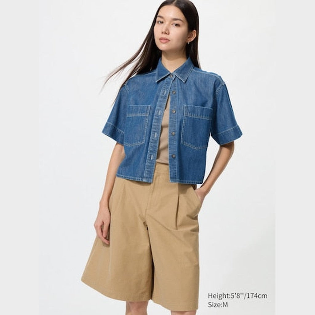 UNIQLO Women's Denim Boxy Shirt (Half Sleeve) - 65 BLUE