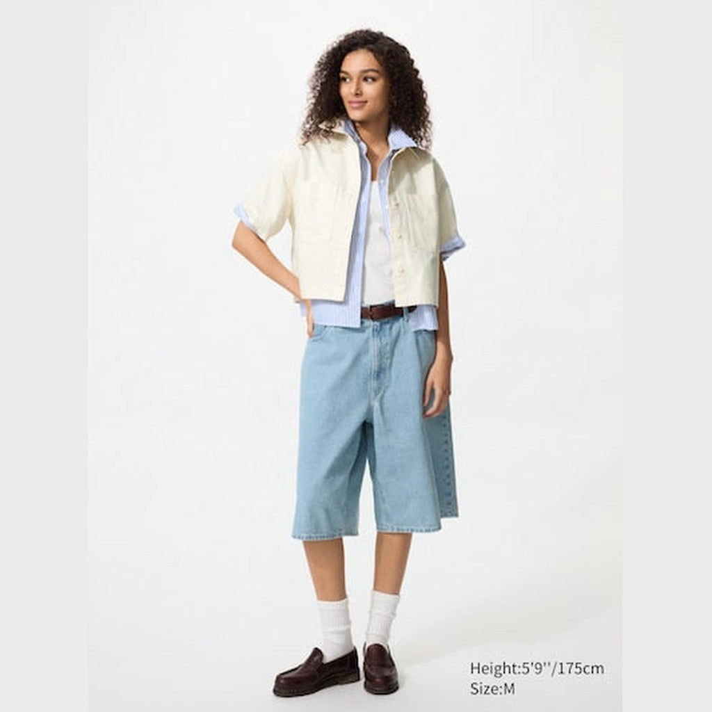 UNIQLO Women's Denim Boxy Shirt (Half Sleeve) - 65 BLUE