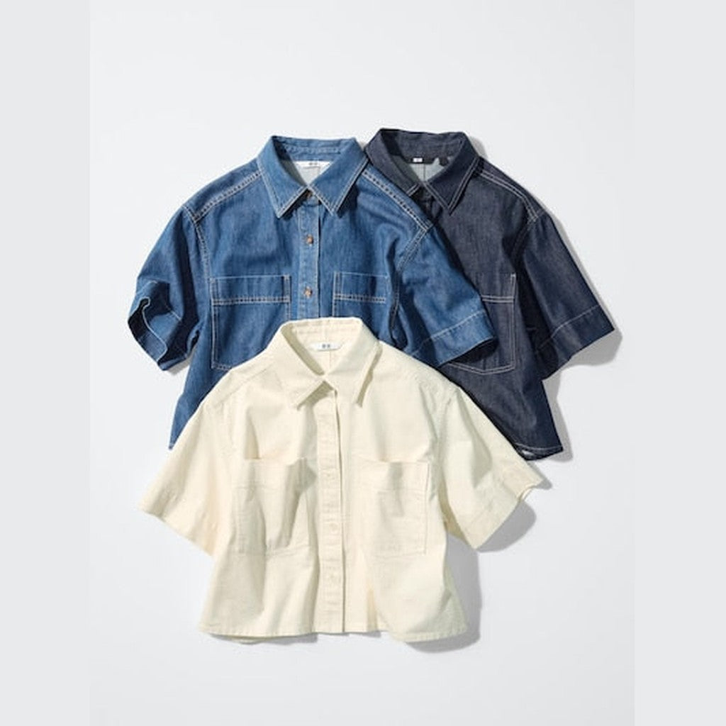 UNIQLO Women's Denim Boxy Shirt (Half Sleeve) - 65 BLUE