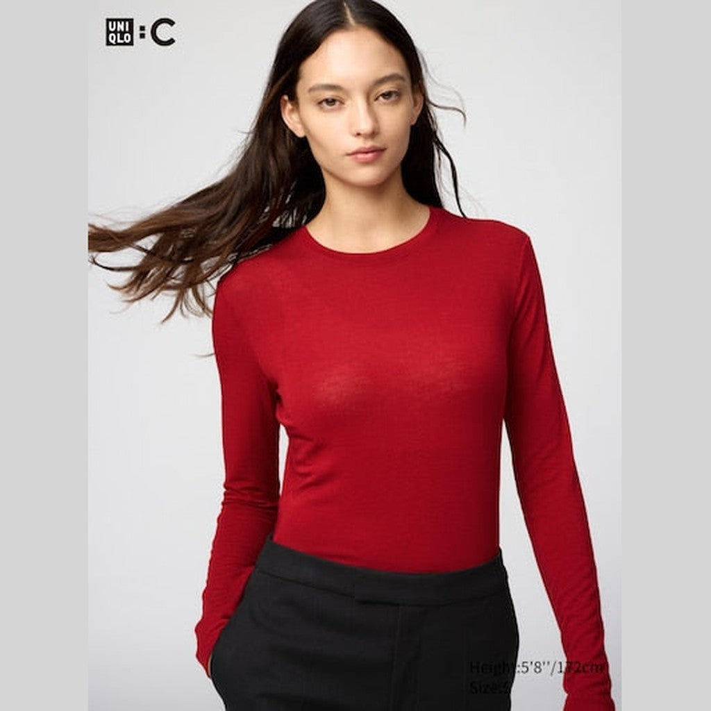 UNIQLO Women's HEATTECH Extra Warm Cashmere Blend Crew Neck T-Shirt - 14 RED