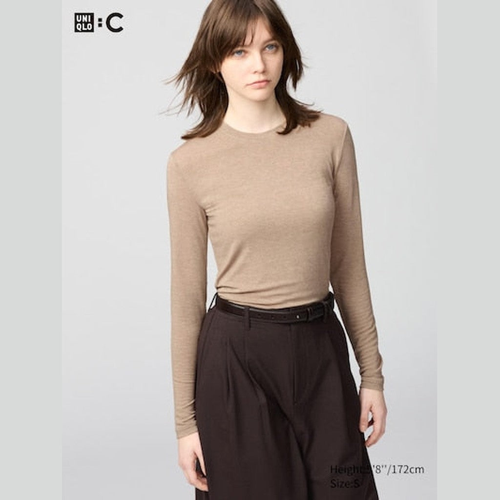 UNIQLO Women's HEATTECH Extra Warm Cashmere Blend Crew Neck T-Shirt - 32 BEIGE