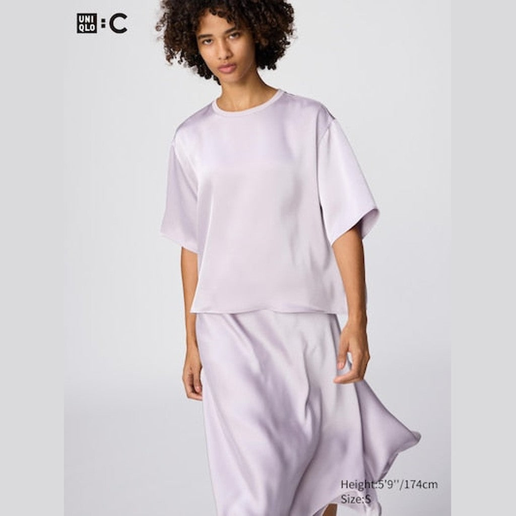 UNIQLO Women's Satin Oversized Short Blouse (Half Sleeve) - 70 LIGHT PURPLE