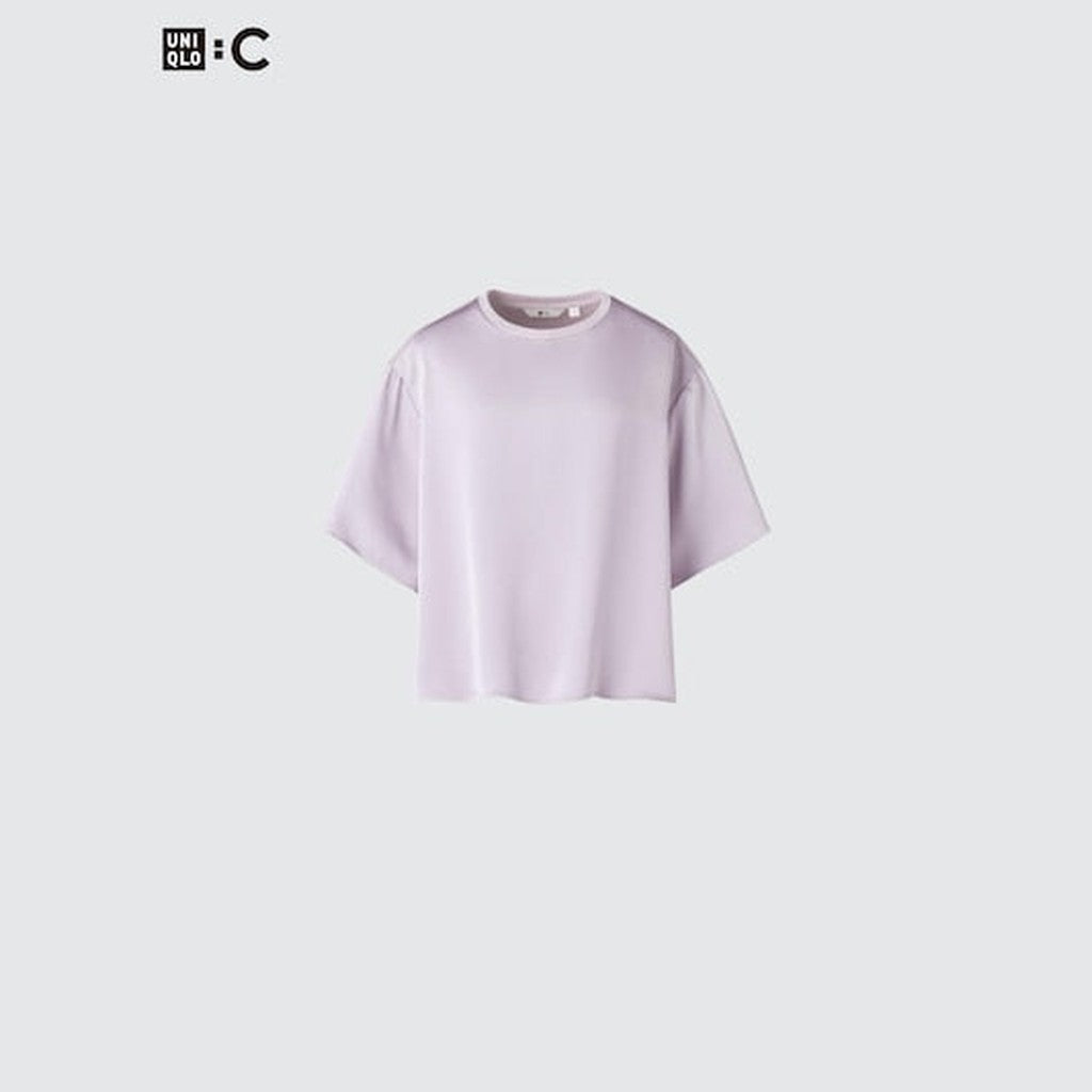 UNIQLO Women's Satin Oversized Short Blouse (Half Sleeve) - 70 LIGHT PURPLE