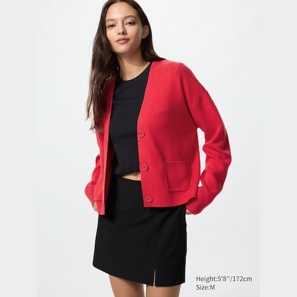 UNIQLO Women's Smooth Cotton V Neck Cardigan - 14 RED